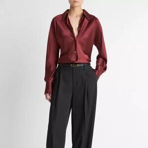 Vintage Tesori 100% Silk Pointed Collar Long Sleeve Shirt Blouse In Bordeaux 1X